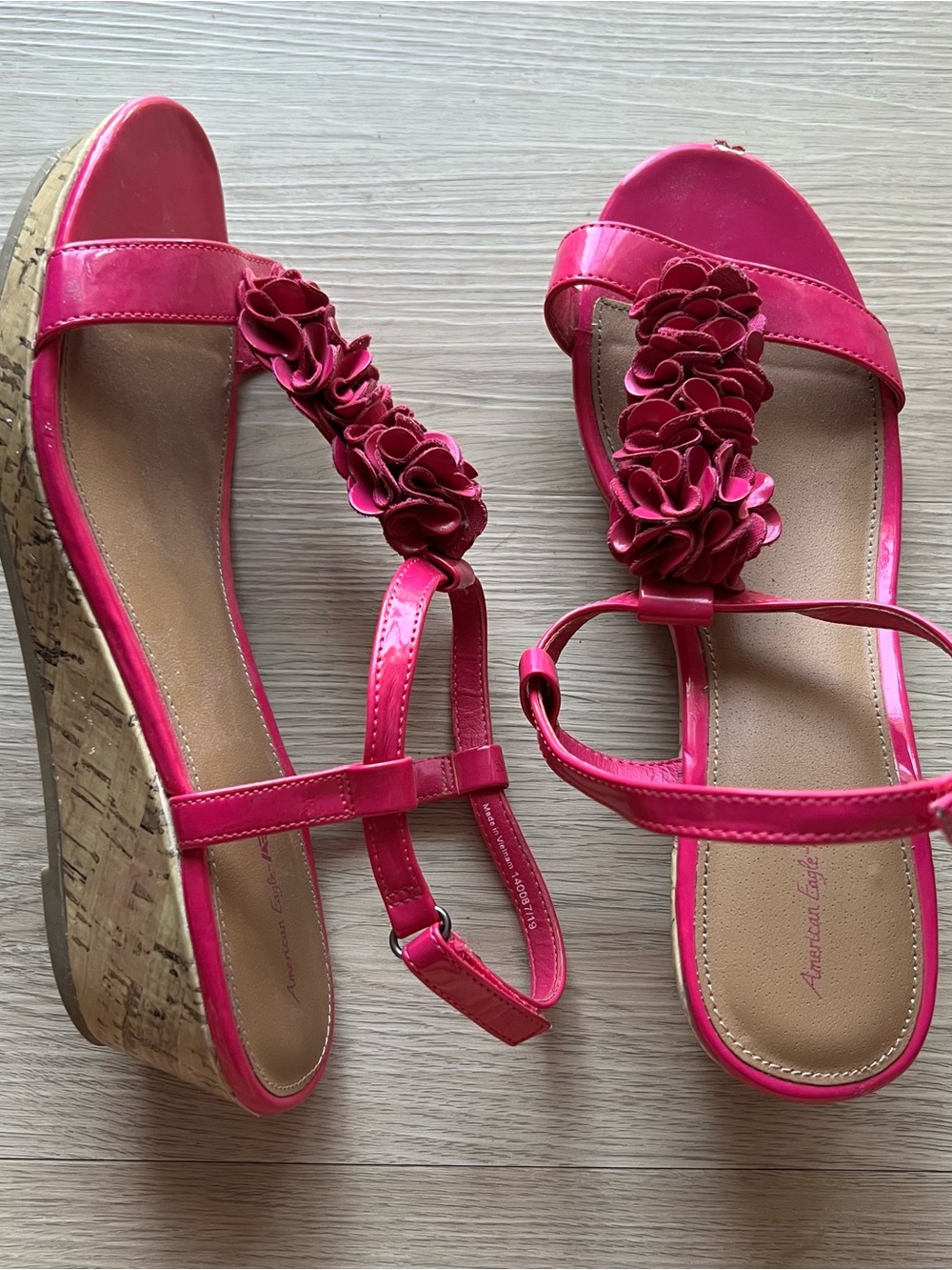 American Eagle Y2K Pink Floral T-Strap Wedge Sandals